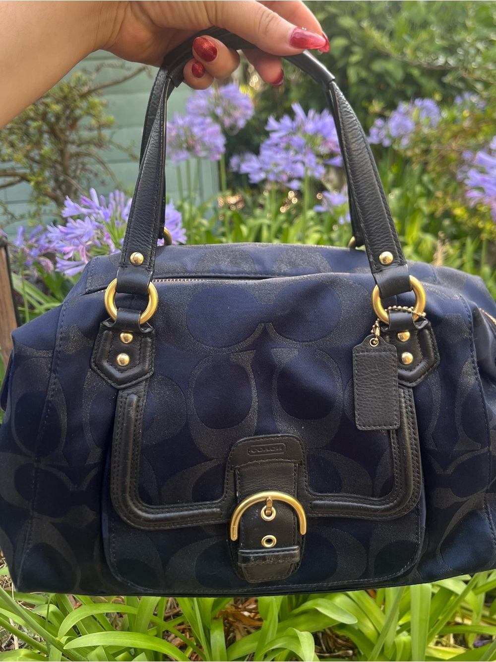 Coach Navy Signature Shoulder Bag with Black Trim and Gold Hardware